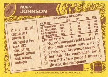 1986 Topps #204 Norm Johnson Back