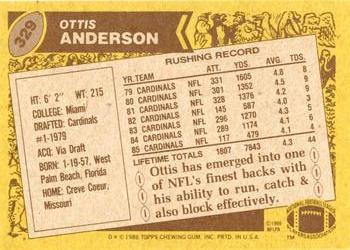 1986 Topps #329 Ottis Anderson Back