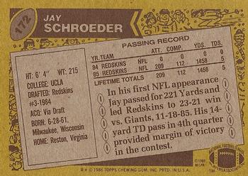 1986 Topps #172 Jay Schroeder Back
