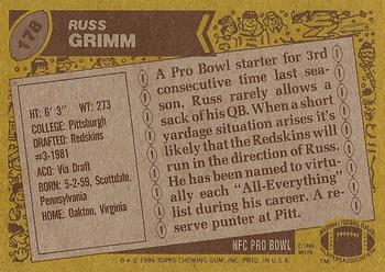 1986 Topps #178 Russ Grimm Back