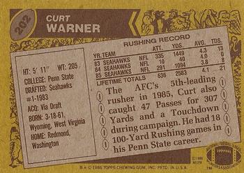 1986 Topps #202 Curt Warner Back