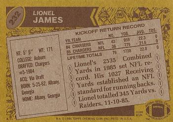 1986 Topps #232 Lionel James Back