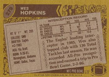 1986 Topps #279 Wes Hopkins Back