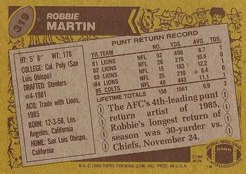 1986 Topps #319 Robbie Martin Back
