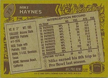 1986 Topps #73 Mike Haynes Back
