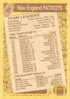 1986 Topps #29 Patriots Team Leaders Back