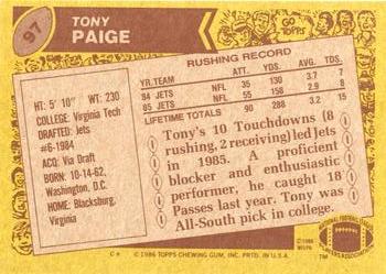1986 Topps #97 Tony Paige Back