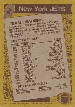1986 Topps #94 Jets Team Leaders Back