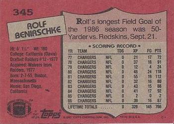 1987 Topps #345 Rolf Benirschke Back