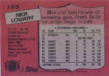 1987 Topps #165 Nick Lowery Back
