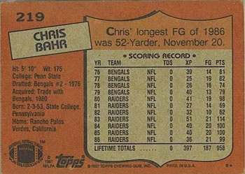 1987 Topps #219 Chris Bahr Back