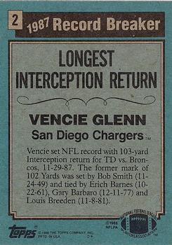 1988 Topps #2 Vencie Glenn Back