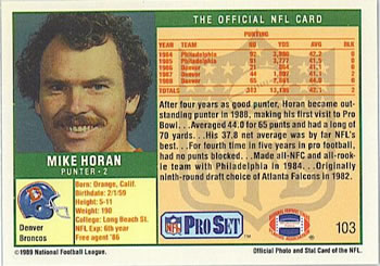 1989 Pro Set #103 Mike Horan Back