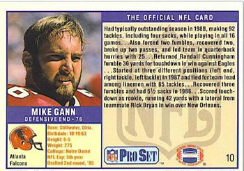 1989 Pro Set #10 Mike Gann Back