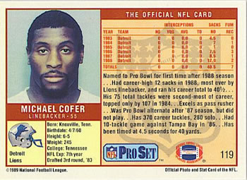 1989 Pro Set #119 Michael Cofer Back