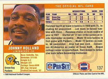1989 Pro Set #137 Johnny Holland Back