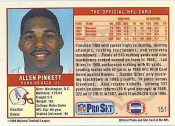 1989 Pro Set #151 Allen Pinkett Back