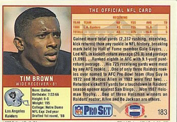 1989 Pro Set #183 Tim Brown Back