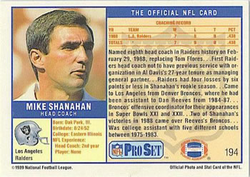 1989 Pro Set #194 Mike Shanahan Back