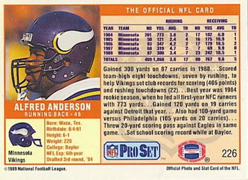 1989 Pro Set #226 Alfred Anderson Back