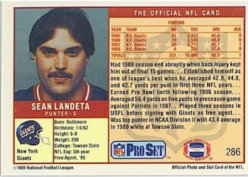 1989 Pro Set #286 Sean Landeta Back