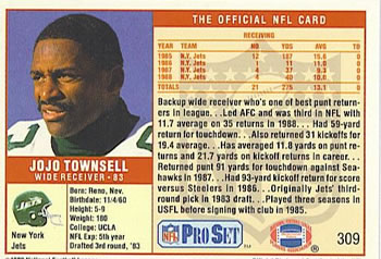 1989 Pro Set #309 JoJo Townsell Back