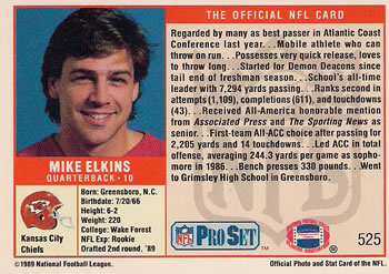 1989 Pro Set #525 Mike Elkins Back