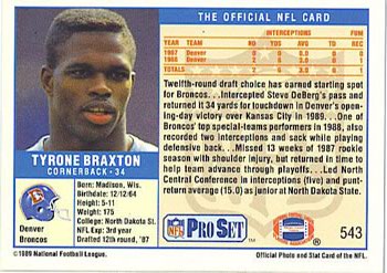 1989 Pro Set #543 Tyrone Braxton Back