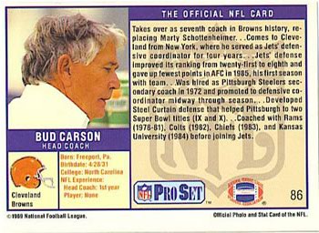 1989 Pro Set #86 Bud Carson Back