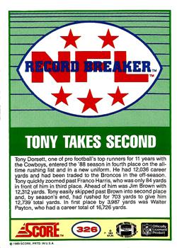 1989 Score #326 Tony Dorsett Back