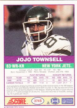 1989 Score Supplemental #374S JoJo Townsell Back