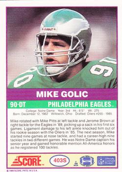 1989 Score Supplemental #403S Mike Golic  Back