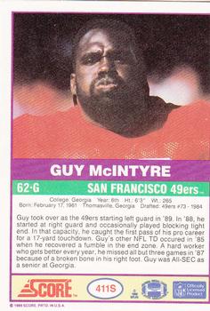 1989 Score Supplemental #411S Guy McIntyre  Back