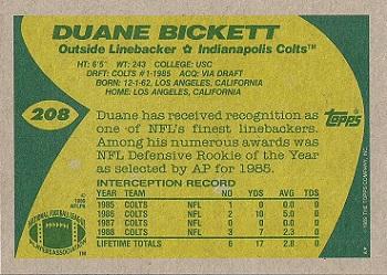 1989 Topps #208 Duane Bickett Back