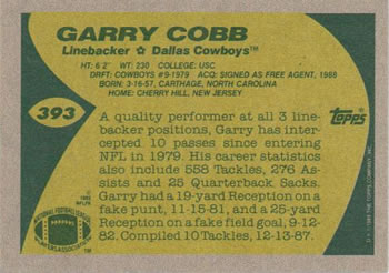 1989 Topps #393 Garry Cobb Back