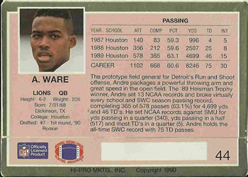 1990 Action Packed Rookie/Update #44 Andre Ware Back
