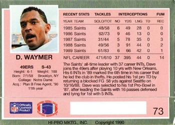 1990 Action Packed Rookie/Update #73 Dave Waymer Back