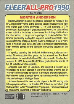 1990 Fleer - All-Pro #23 Morten Andersen Back
