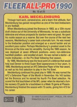 1990 Fleer - All-Pro #15 Karl Mecklenburg Back