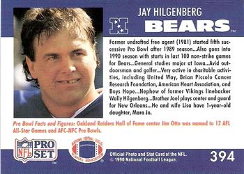1990 Pro Set #394 Jay Hilgenberg Back