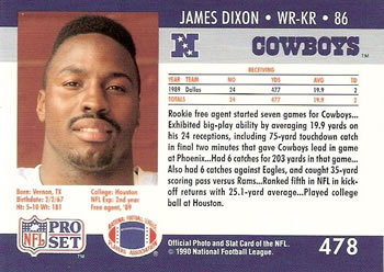 1990 Pro Set #478 James Dixon Back