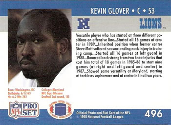 1990 Pro Set #496 Kevin Glover Back