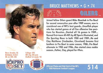 1990 Pro Set #514 Bruce Matthews Back