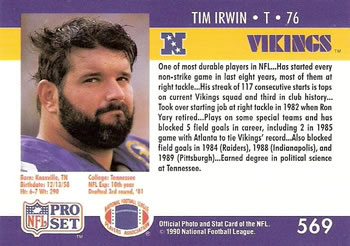 1990 Pro Set #569 Tim Irwin Back