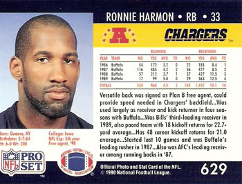 1990 Pro Set #629 Ronnie Harmon Back