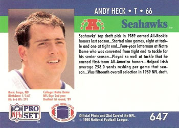 1990 Pro Set #647 Andy Heck Back