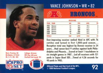 1990 Pro Set #92 Vance Johnson Back