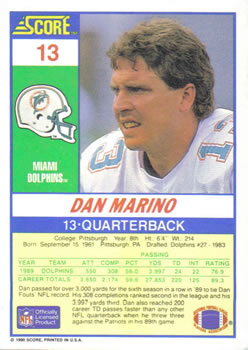 1990 Score #13 Dan Marino Back