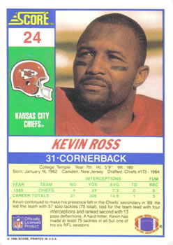 1990 Score #24 Kevin Ross Back