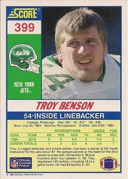 1990 Score #399 Troy Benson Back